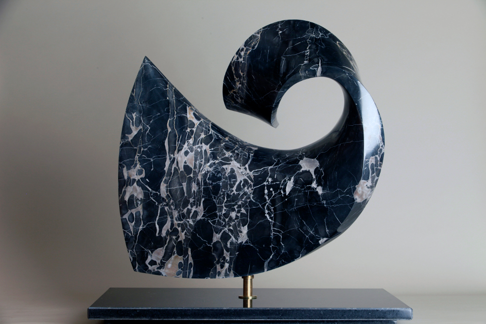 LYRIC, 24” X 24” X 6”, Italian Portoro marble with black granite base