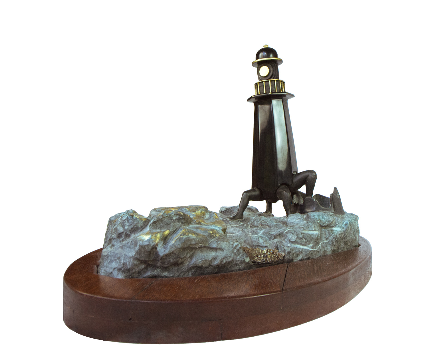 At last, the lighthouse painted with bronze river and wooden base