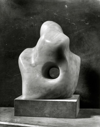“Pierced Form” of pink alabaster from 1932, thought to be one of her first iconic hole sculptures.