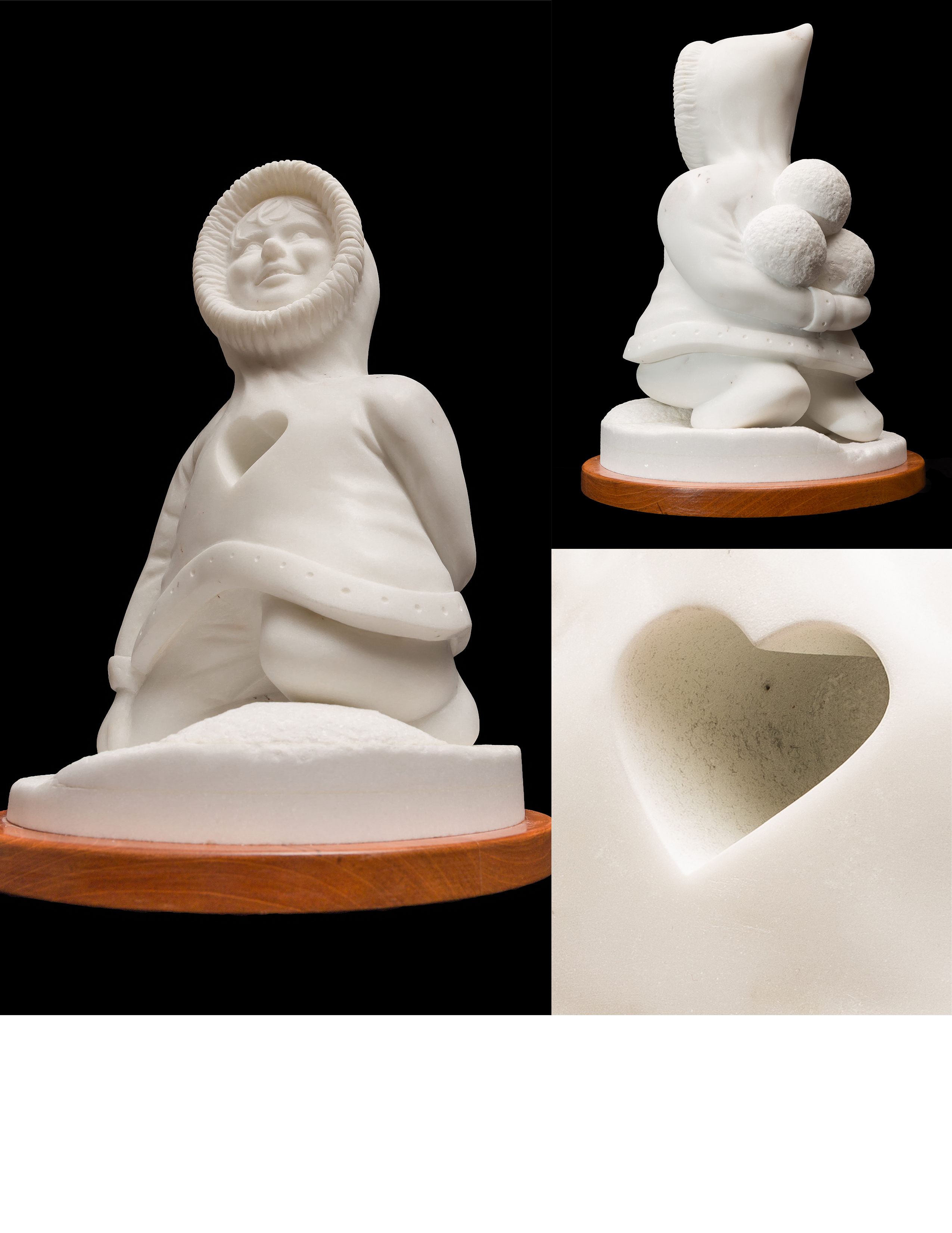 White marble triple image: “Inner Child”, Italian marble on layered base of white marble and oak, 8” X 11” X 8”.  details a portrait of a child playing with snowballs. A drilled heart of 3" deep in her chest defines the passion at the core of this child, the vulnerability as well as the openness to the world. It represents playful memories as a way to cheer up after a snowstorm.