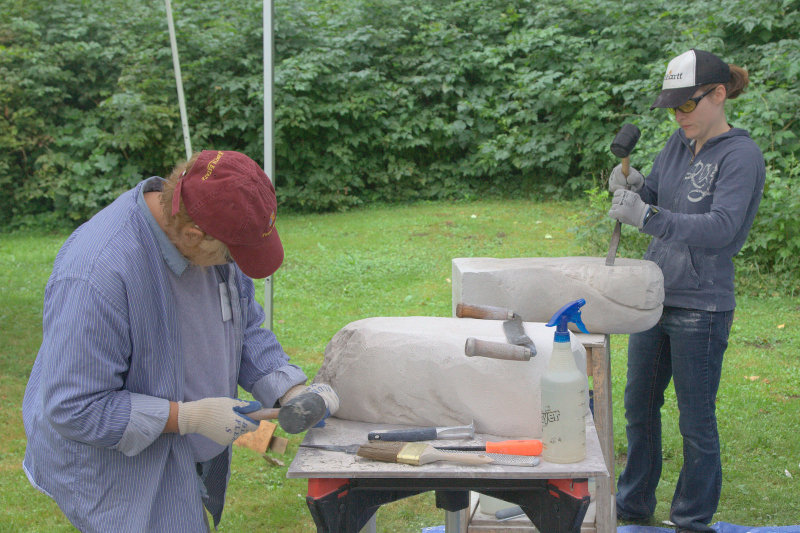 Shannon Willis and Roberta Gunnell cutting their first sculptures in Aerated Cement (AAC). 