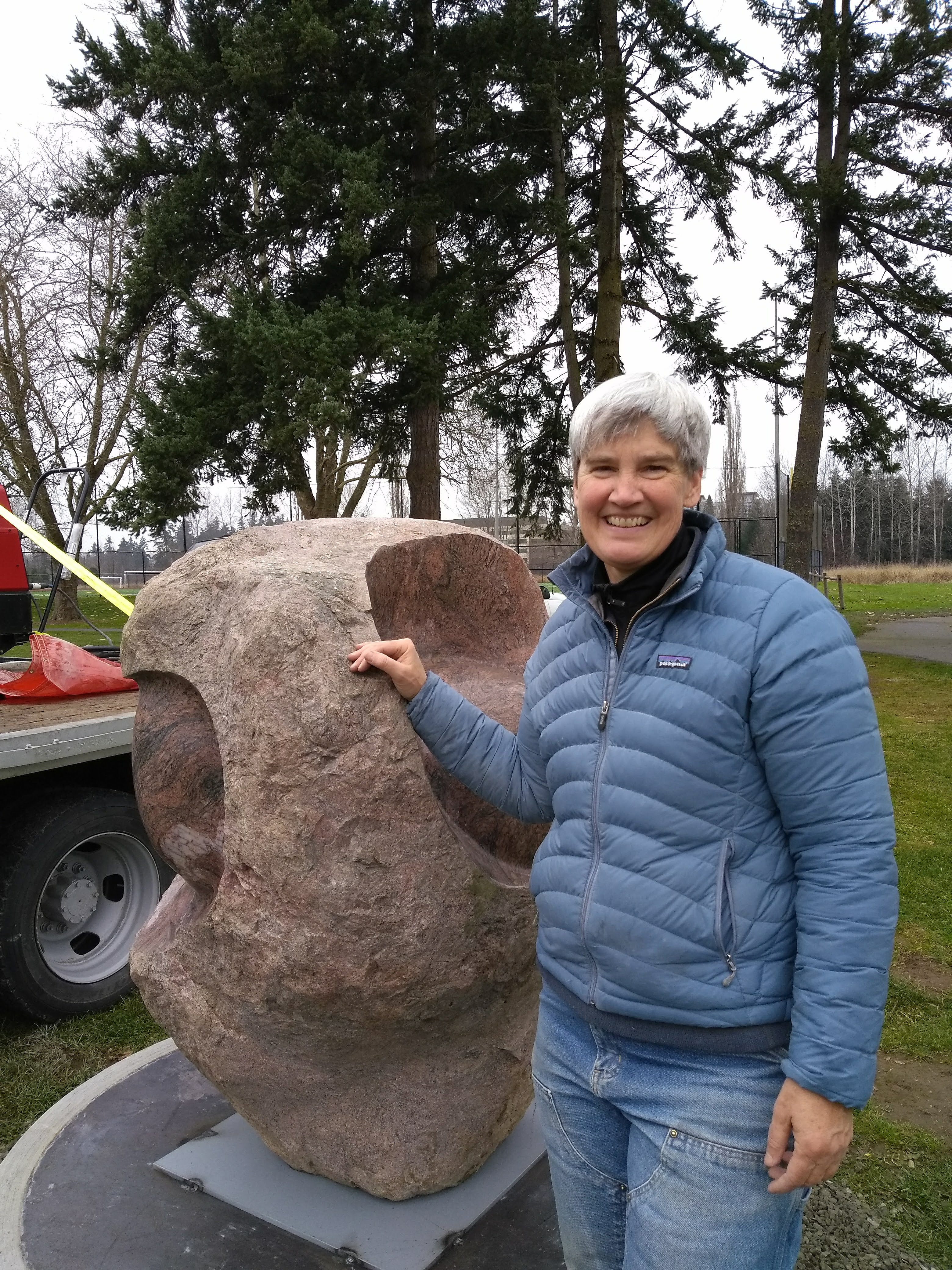 Sue with sculpture installed