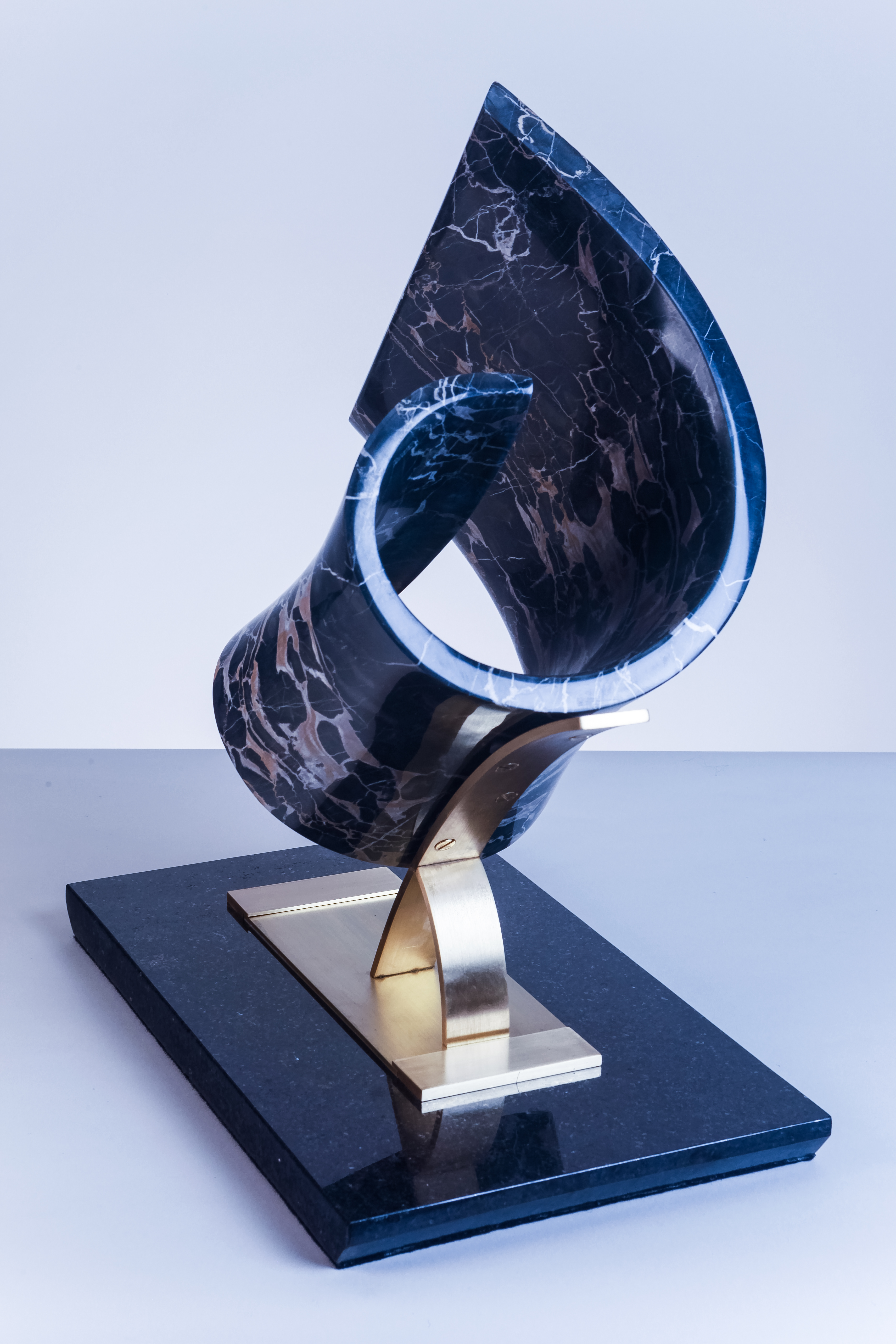 Curve In Time, Al Sieradski Italian Portoro Marble with Brass and granite Base