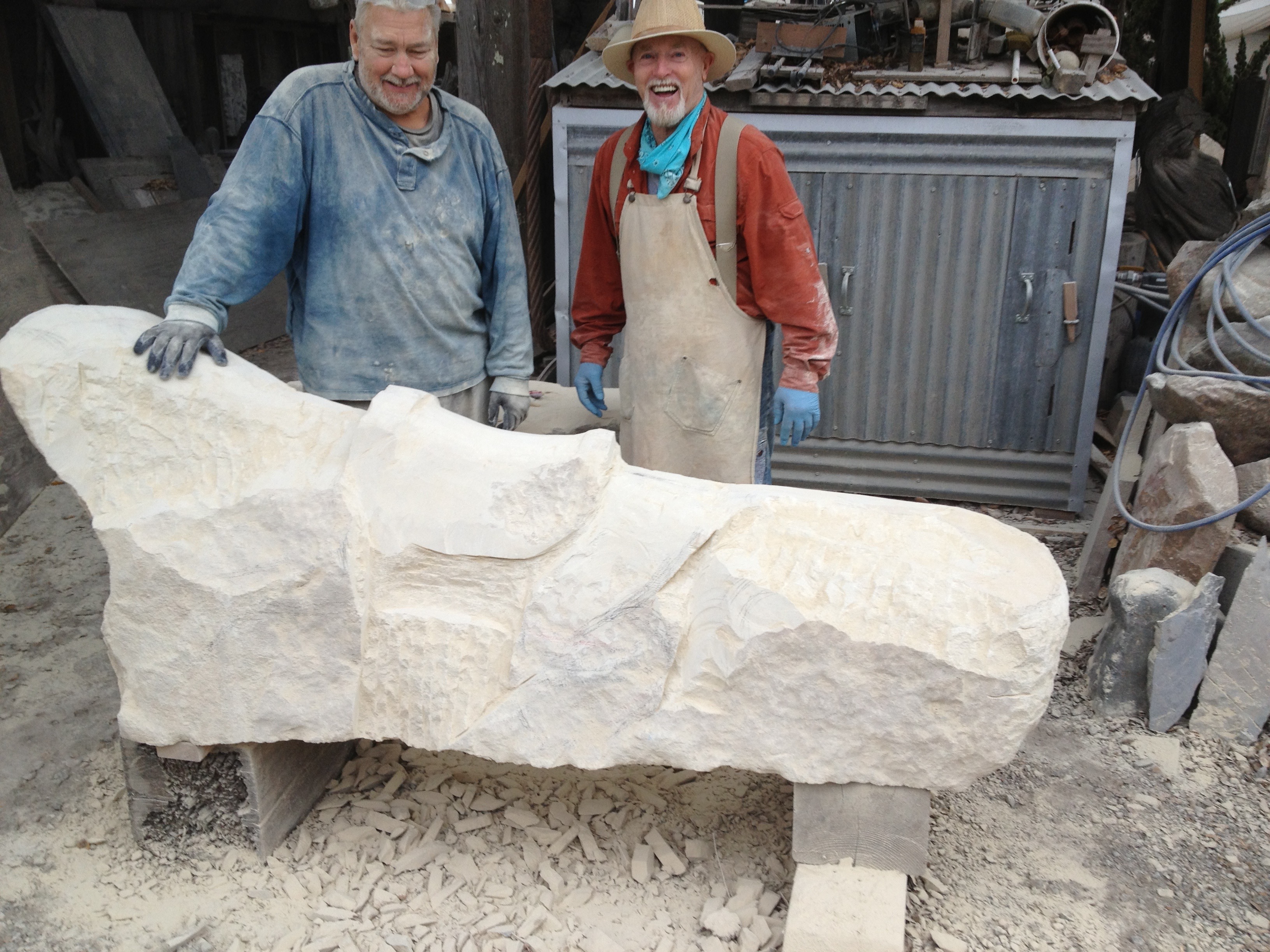 Jim Heltsley & Duane O'Connor at an early stage of carving the Lizard.