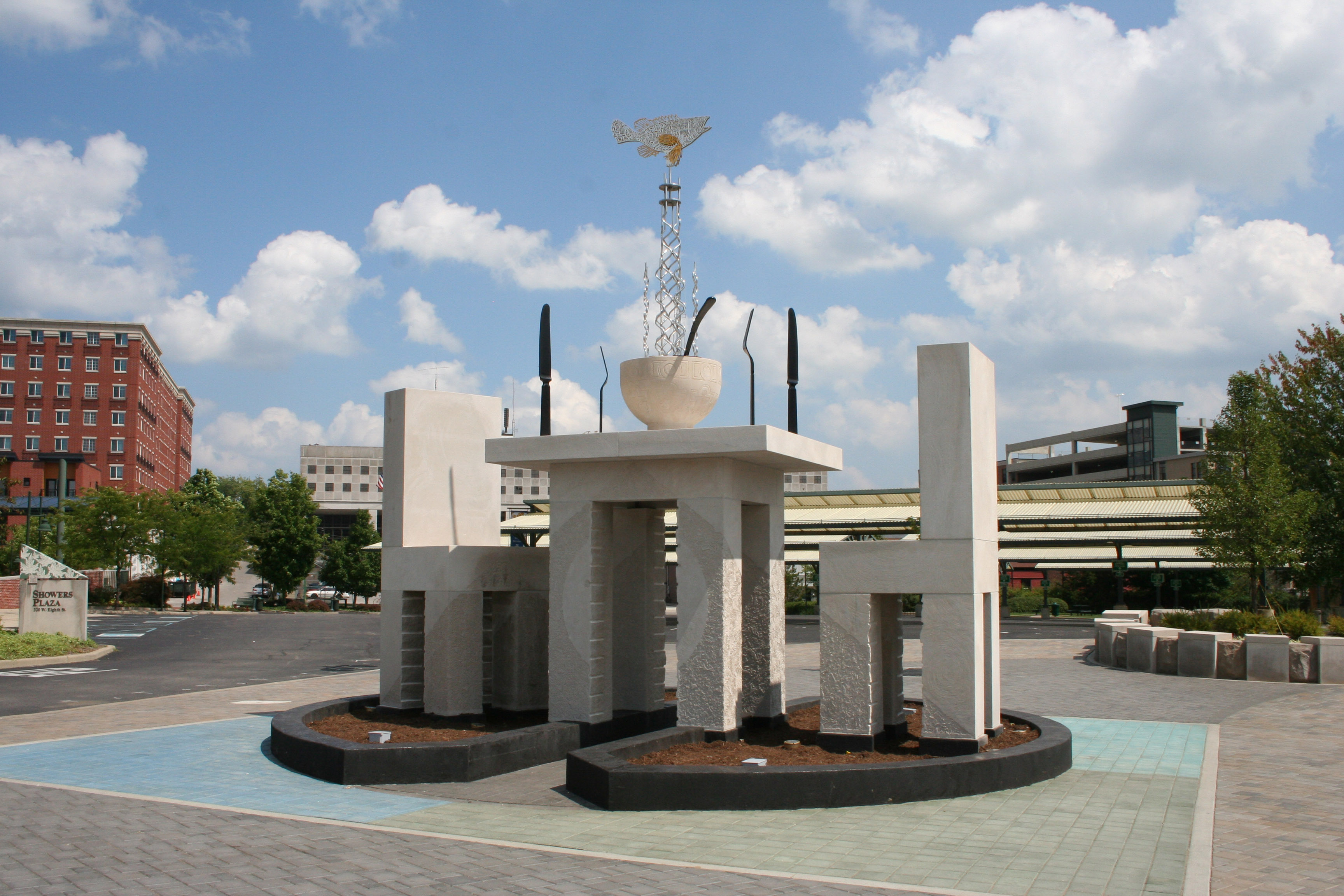 BLOOMINGTON BANQUET, Dale Enochs, 28’ X 24’ X 12’, limestone, anodized aluminum, stainless steel, powder coated steel