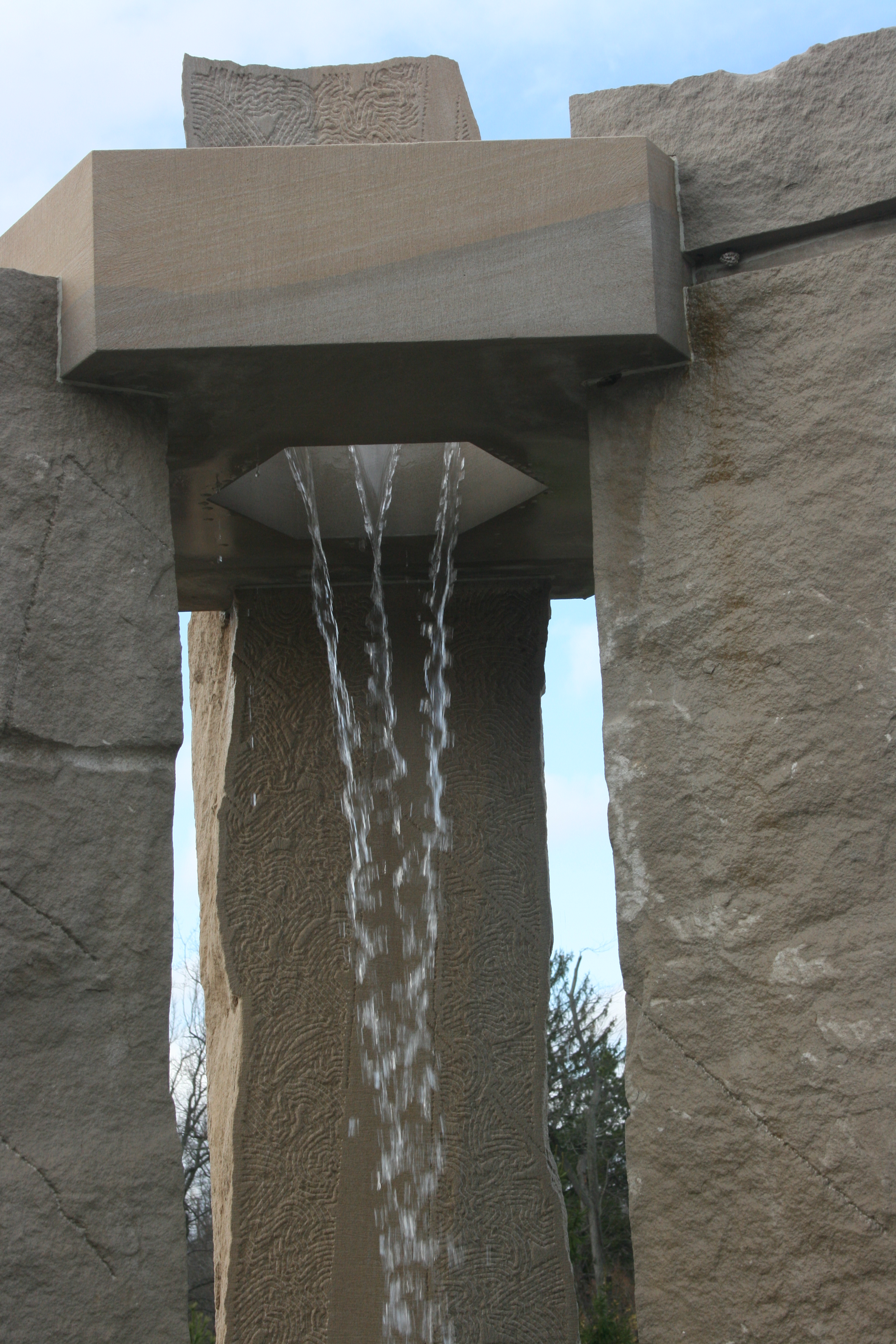 WATER FEATURE, Dale Enochs 15’ X 50’ X 32’, limestone, Bronze, Mechanicals (detail)