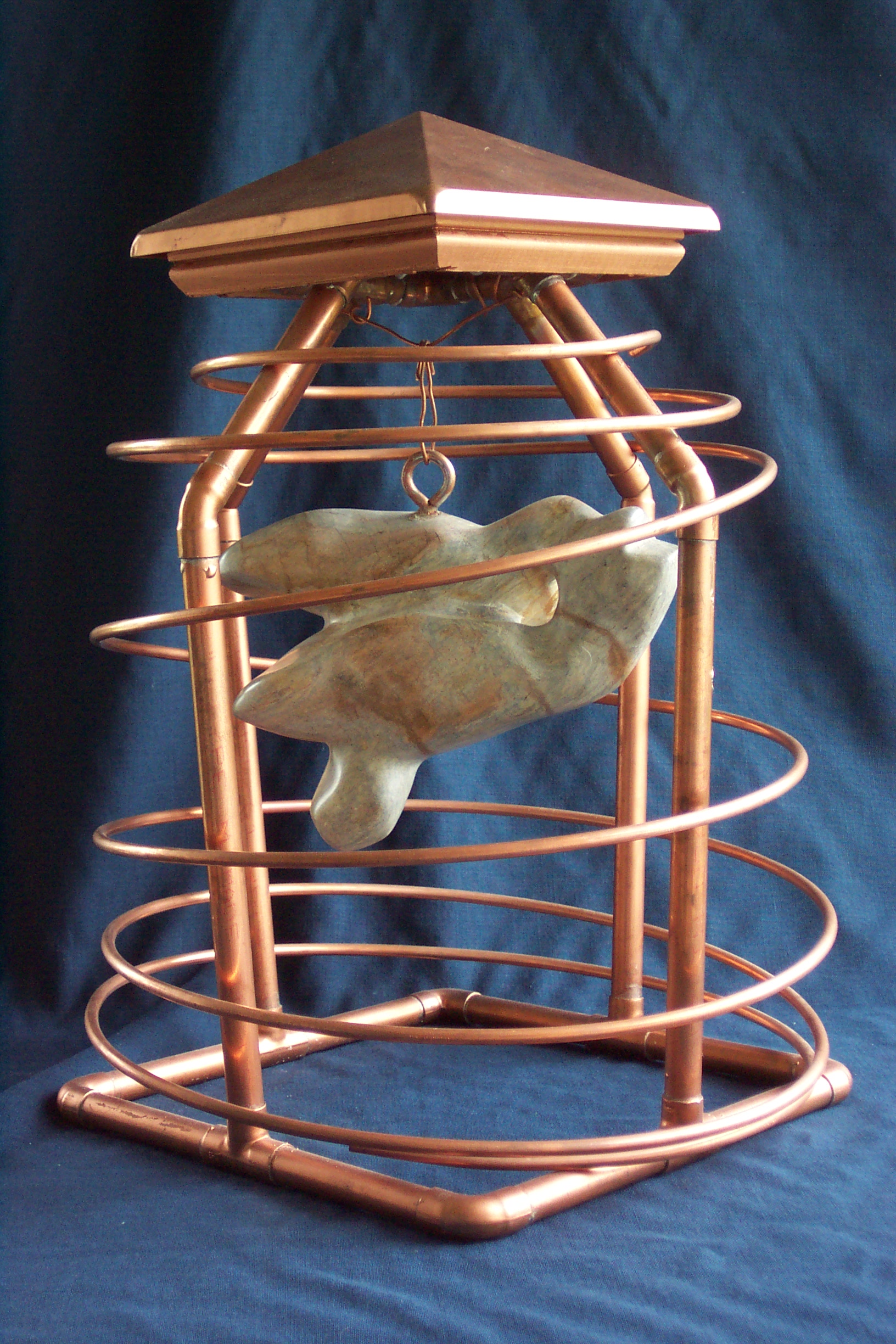 Patty McPhee “Caged Bird Sings”,11” X 11” X 20”, soapstone and copper