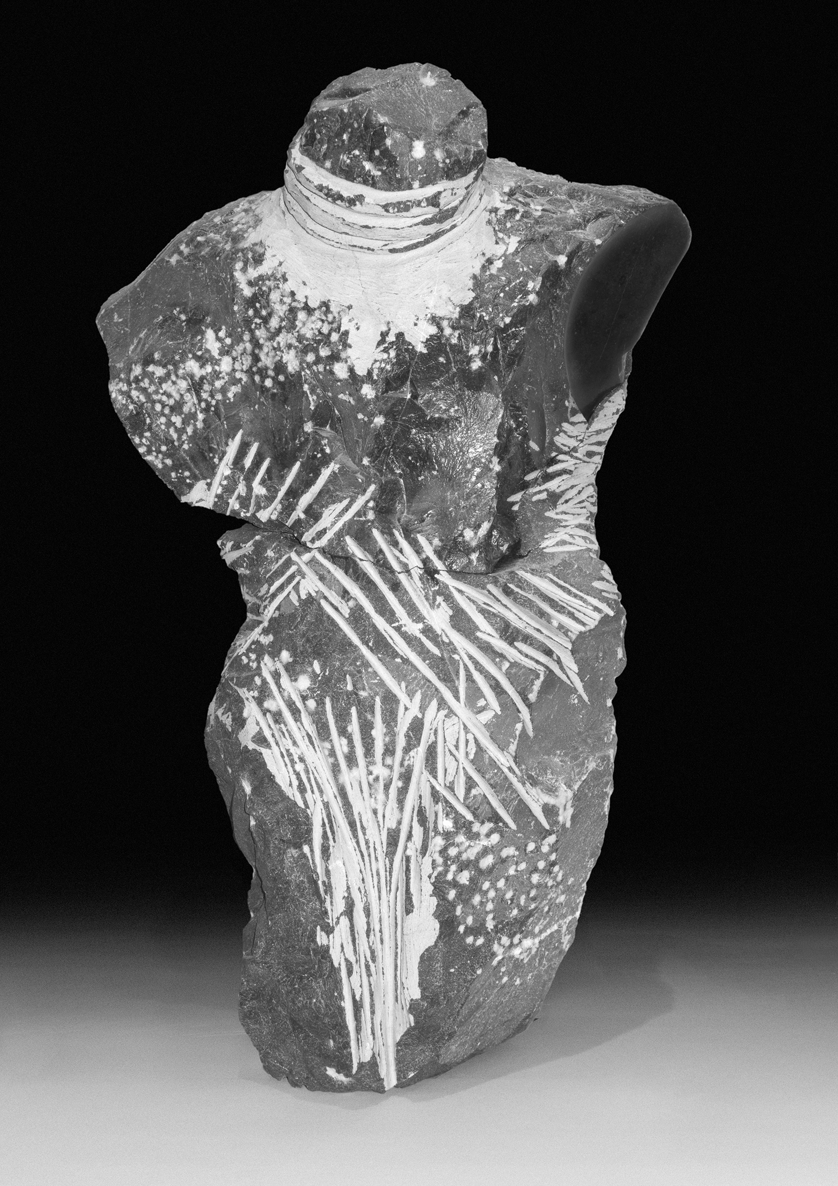 “Torso”, Canadian marble, 17”H x 11”Wx 5”D.  While sculpting this piece, I accidentally broke it in half. I was able to highly polish parts that would have been inaccessible had it remained intact. 