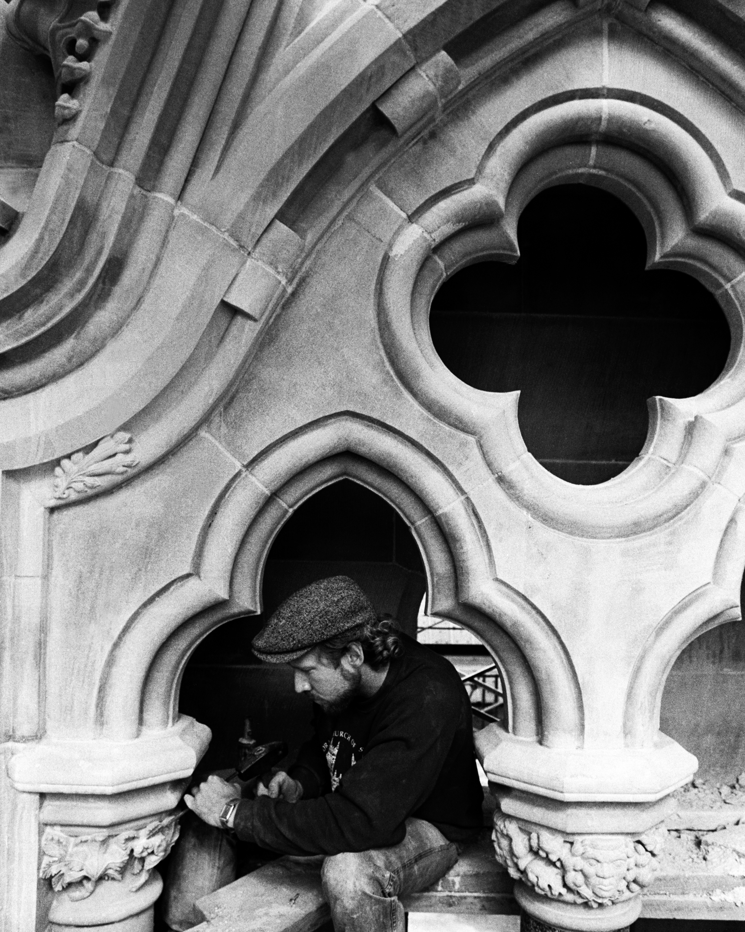 4)	In situ carving the finishing touches on foliated capital for Cathedral tower, 1986  - Photo: Robert Rodriguez