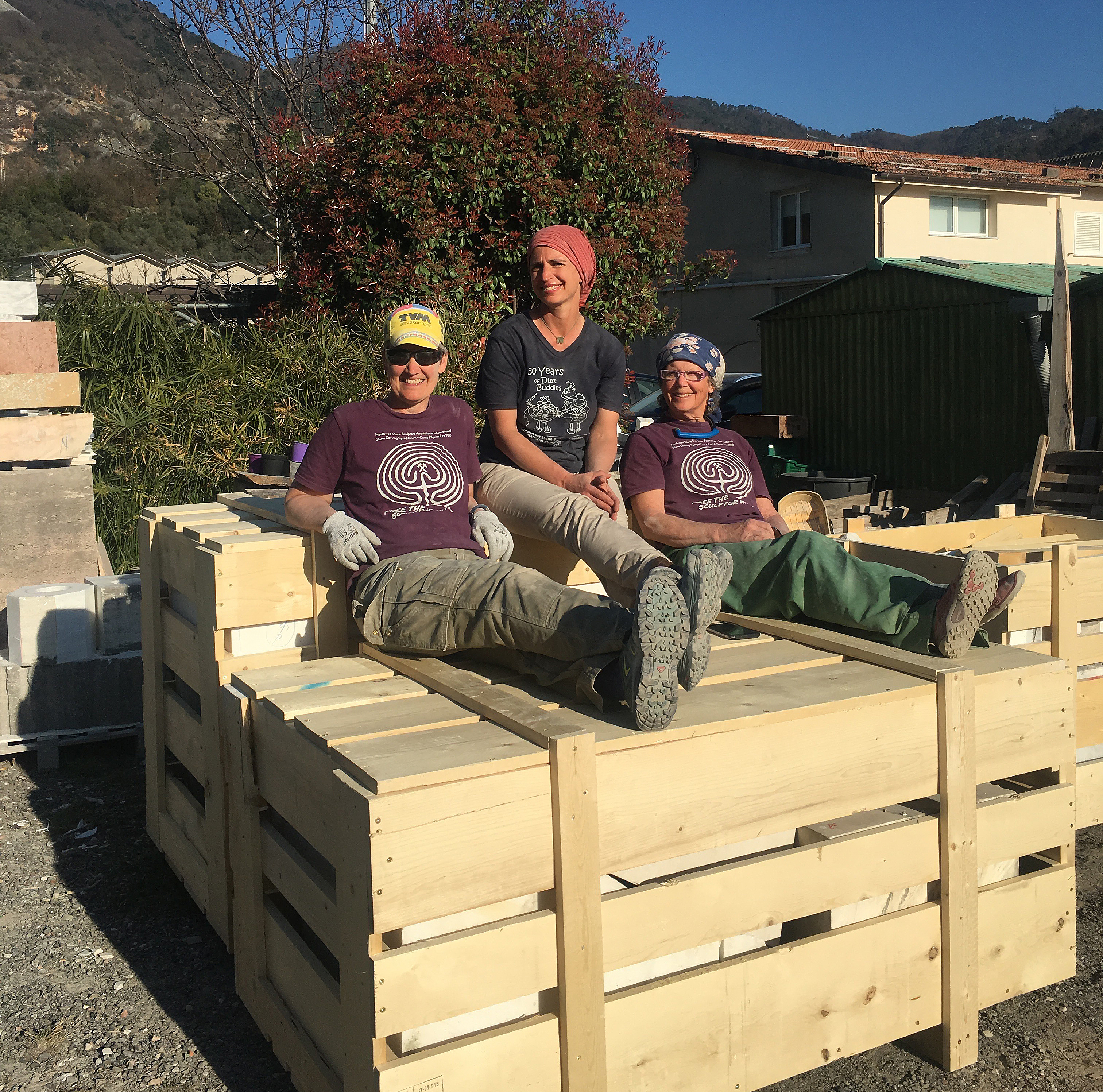 2019 Left to Right Sue Taves Eirene Blomberg Tamara Buchanan The Italian stone is all packed and ready to ship